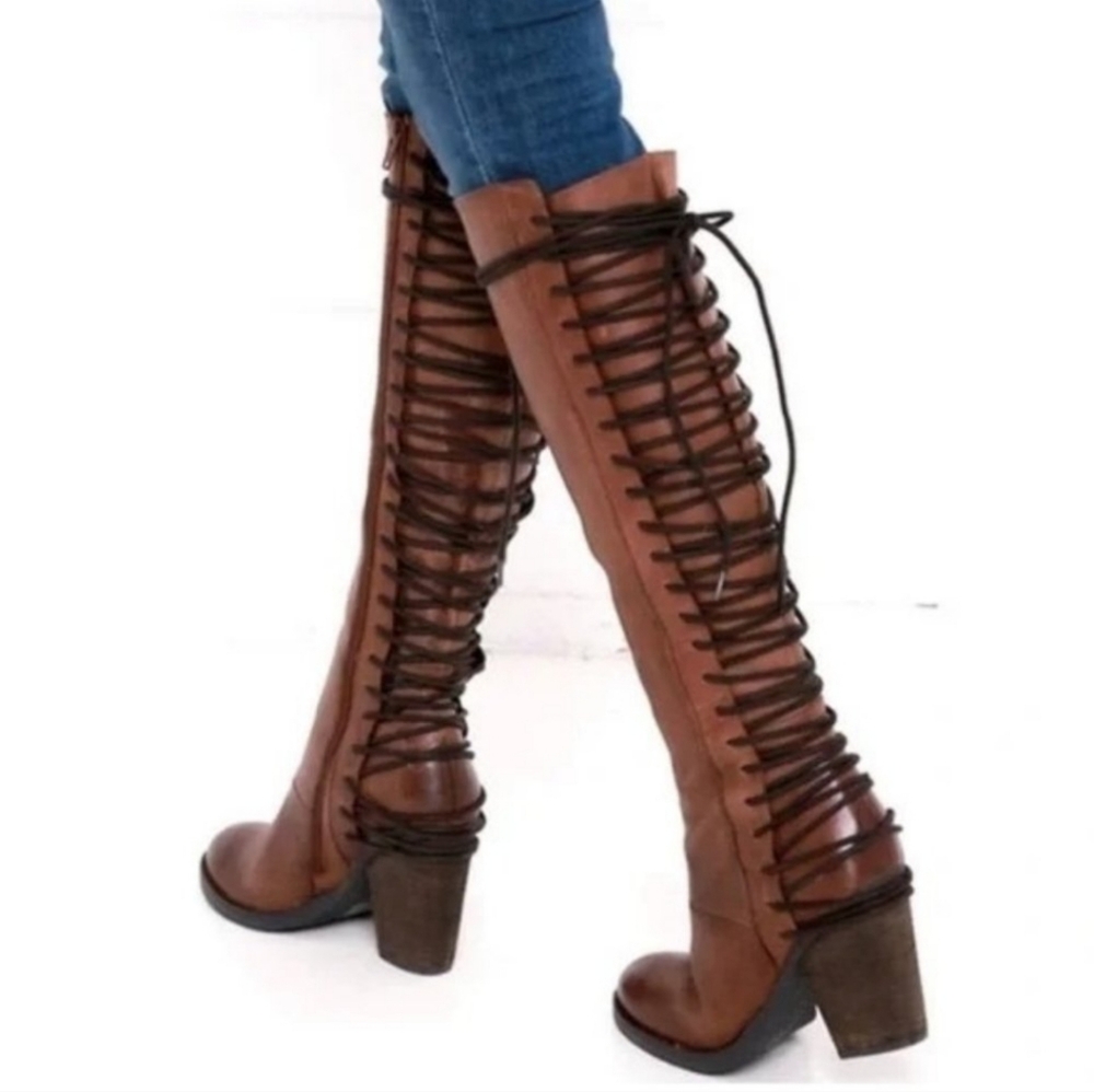 Steve Madden Rikter Cognac Brown Knee High Leather Boots, 7, Lace up
